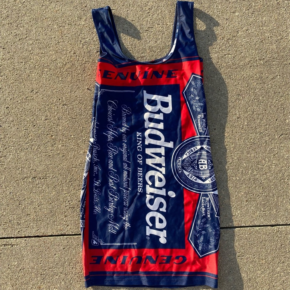 •Vintage 1980s Official Anheuser Busch body con nylon Budweiser dress•